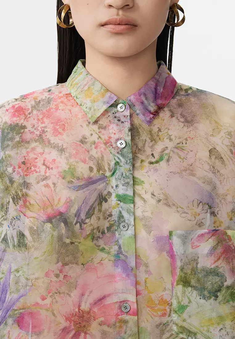 全真絲水彩花卉花型寬鬆長袖襯衣