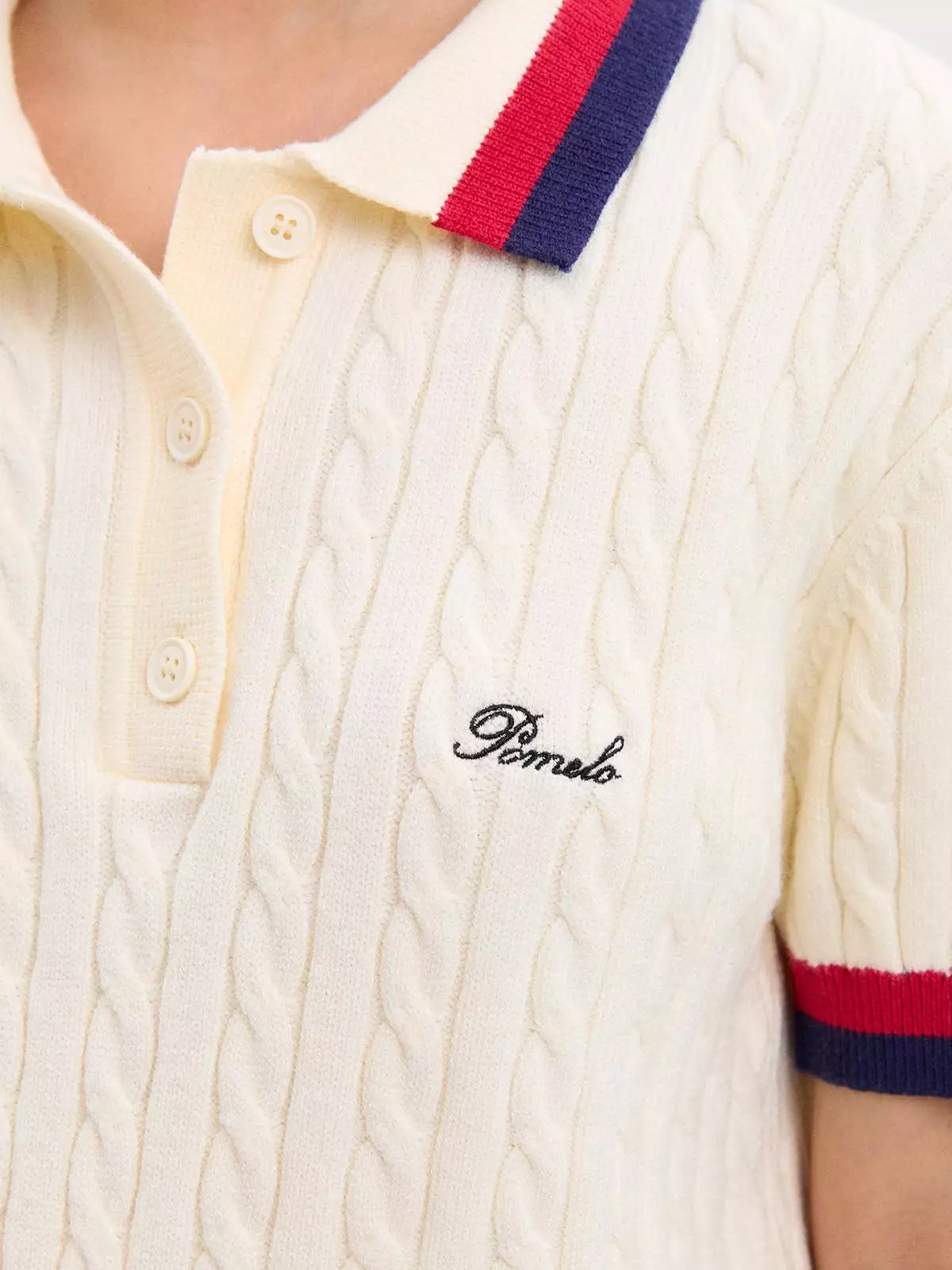 Cable Knit Polo Top - White