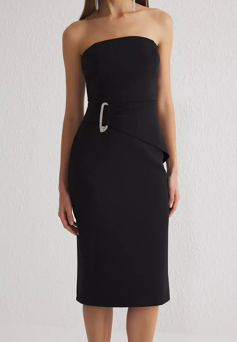 Accessory Detail Strapless Woven Midi Dress