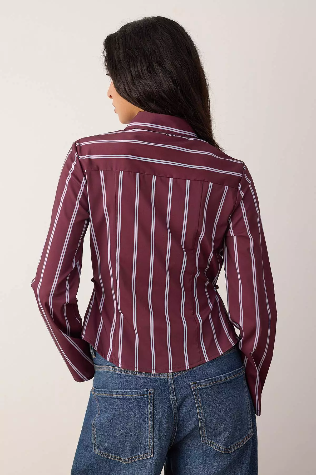 Burgundy-Multicolored Striped Waist Adjustable Lightweight Fitted Waist Wide Sleeves Shirt Twoaw26Go13