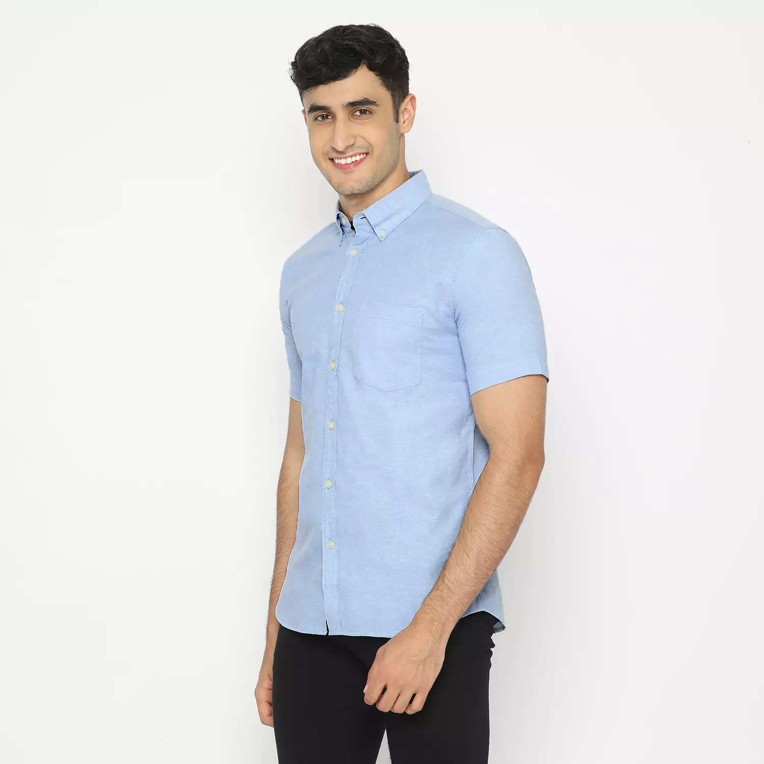 Platini Kemeja Pria Polos Lengan Pendek Katun Oxford Light Blue 1069