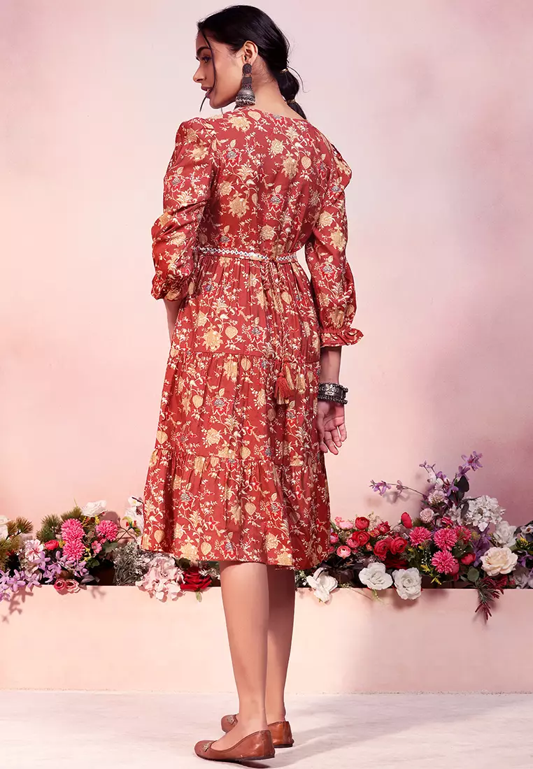 Peach Floral Print Muslin Dress With Belt