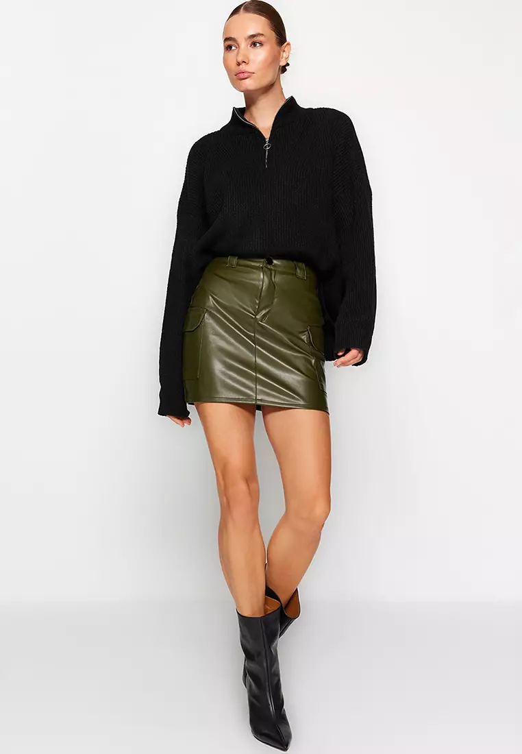Faux Leather High Waist Fitted Mini Skirt with Cargo Pocket