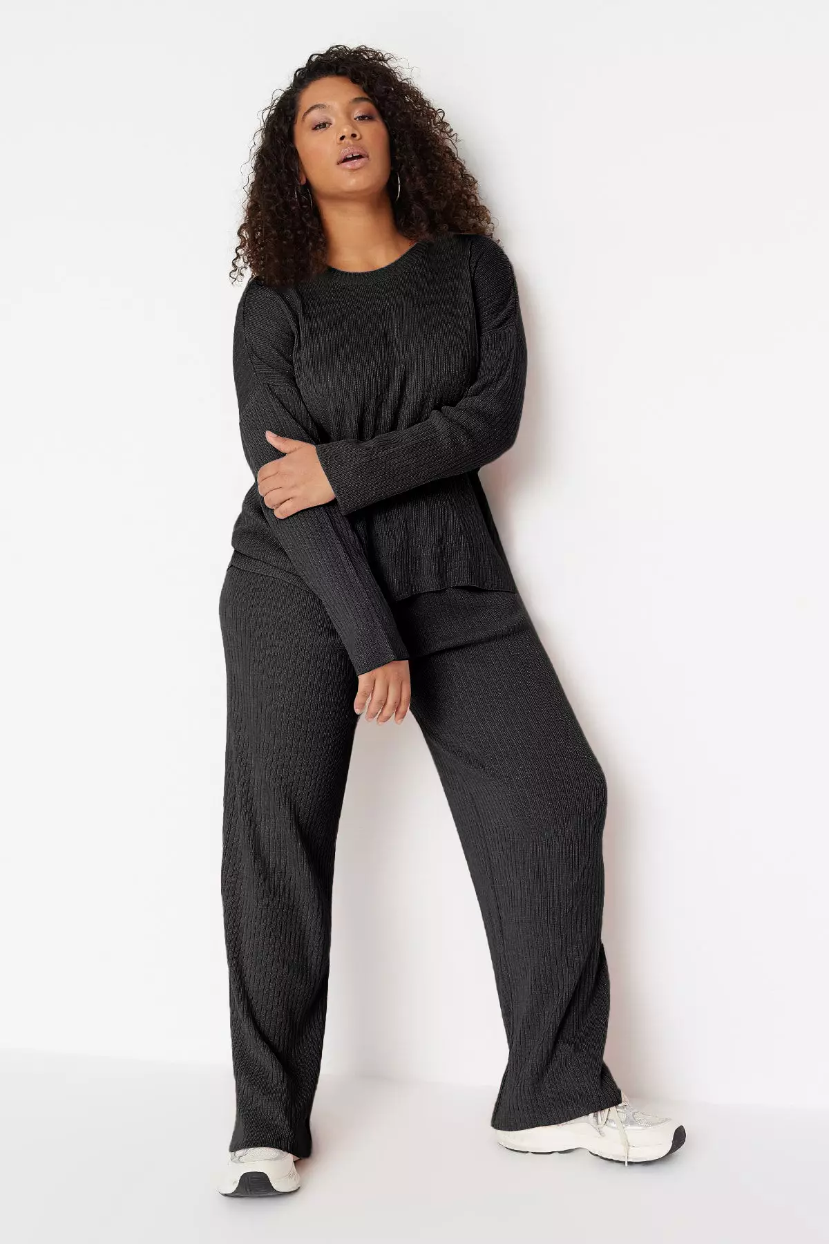 Plus Size Black Knitwear Sweater And Trousers Set Ribbed Crew Neck