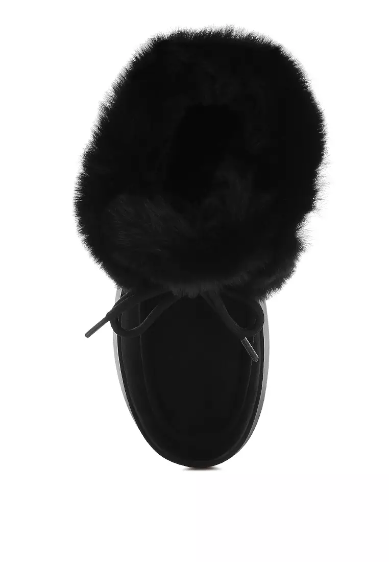 Faux Fur Collar Flatform Boots in Black