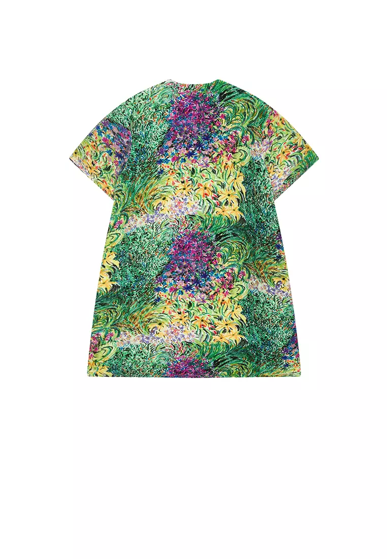 混纺图案元素A型压褶短袖连衣裙