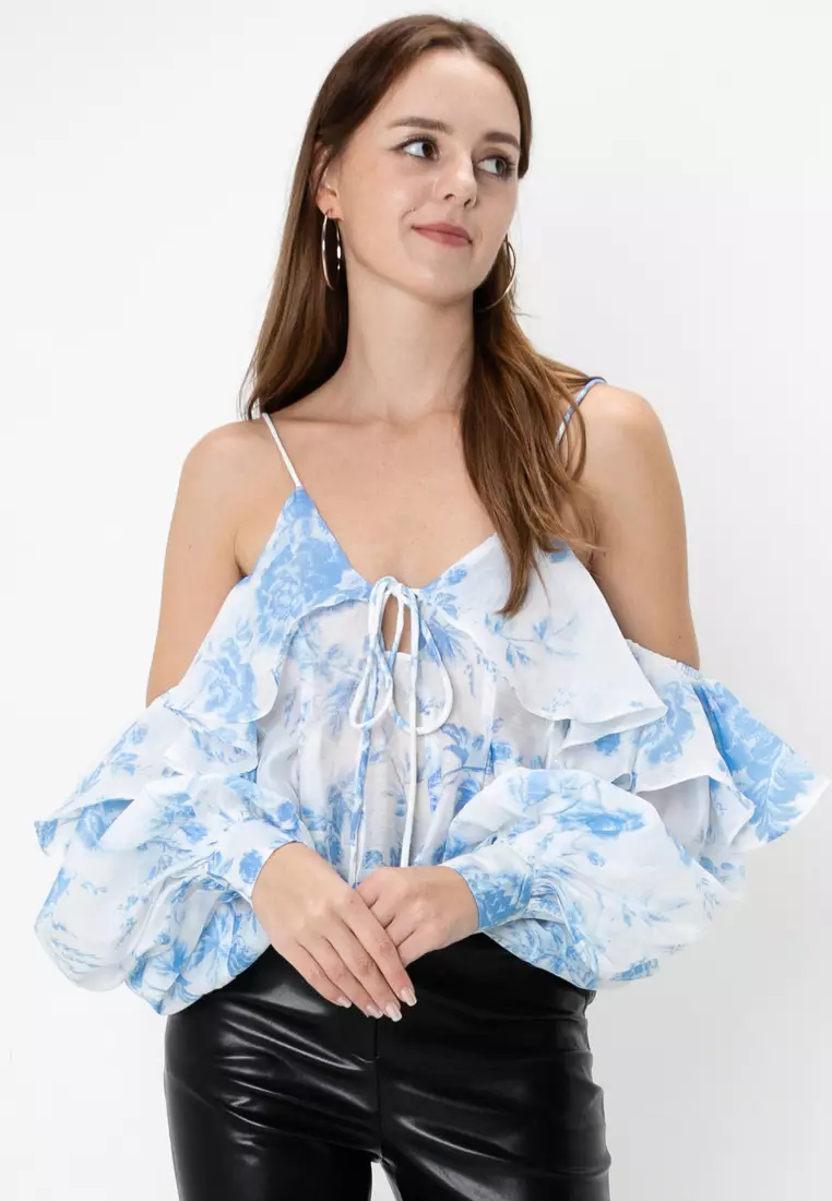Blue ruffle blouse clearance