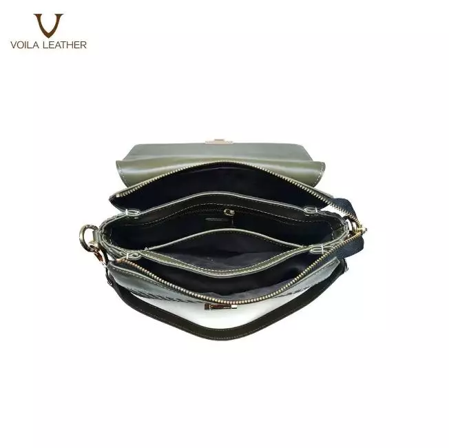 Medium Tote Selempang Anyam Kulit Asli Voila Gemima Green