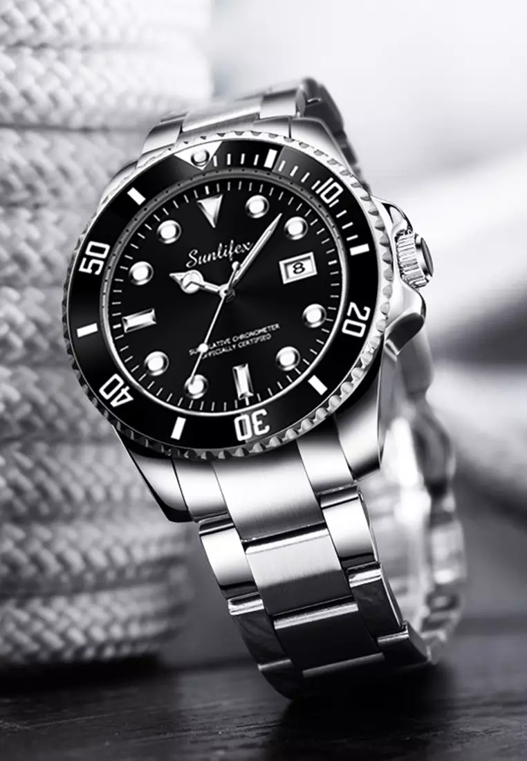 Jam Tangan Pria 9001-A Anti Air Original Kalender Kuarsa Tali Stainless Steel Bercahaya Jam Tangan Cowok silver black
