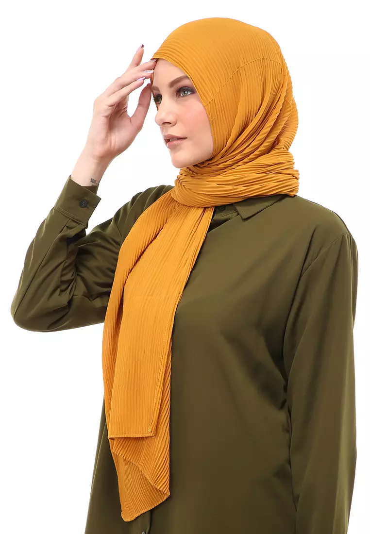 Melissa Pashmina Plisket Garis Hijab Wanita Relaxed Fit - Mustard