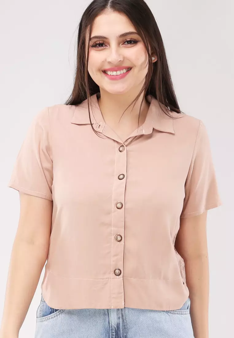 Woven Plain Rayon Short Sleeves Blouse