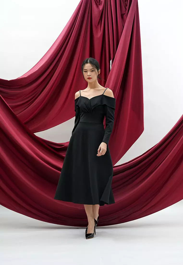 Scuba Off Shoulder Rhinestone Dress in Black