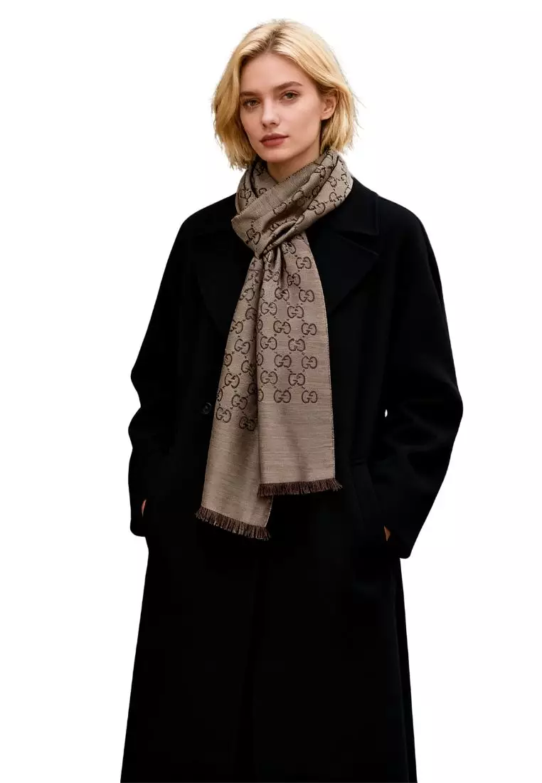 GG Logo Wool Silk Scarf in Brown 165904 3G646