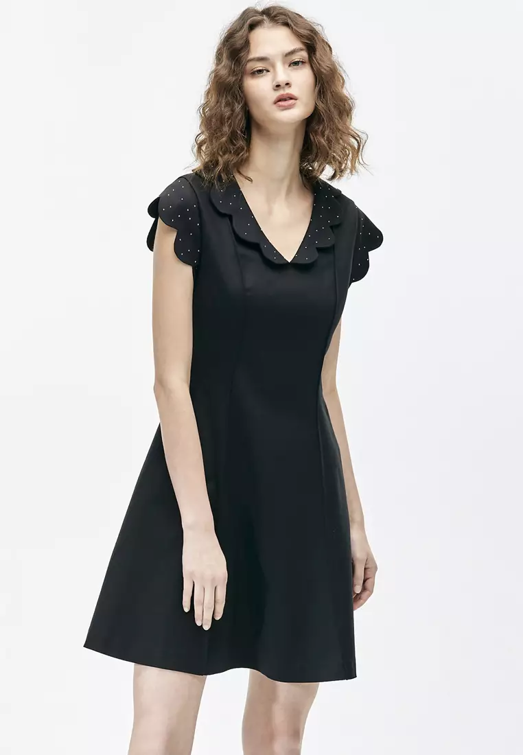 Black Scallop Sleeve A-Line Dress