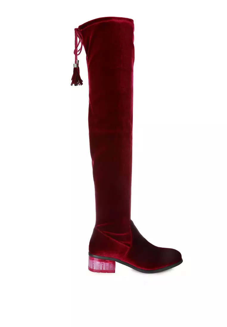 Discount on London Rag  shoes - SKU: Burgundy Velvet Knee High Clear Heel Boots