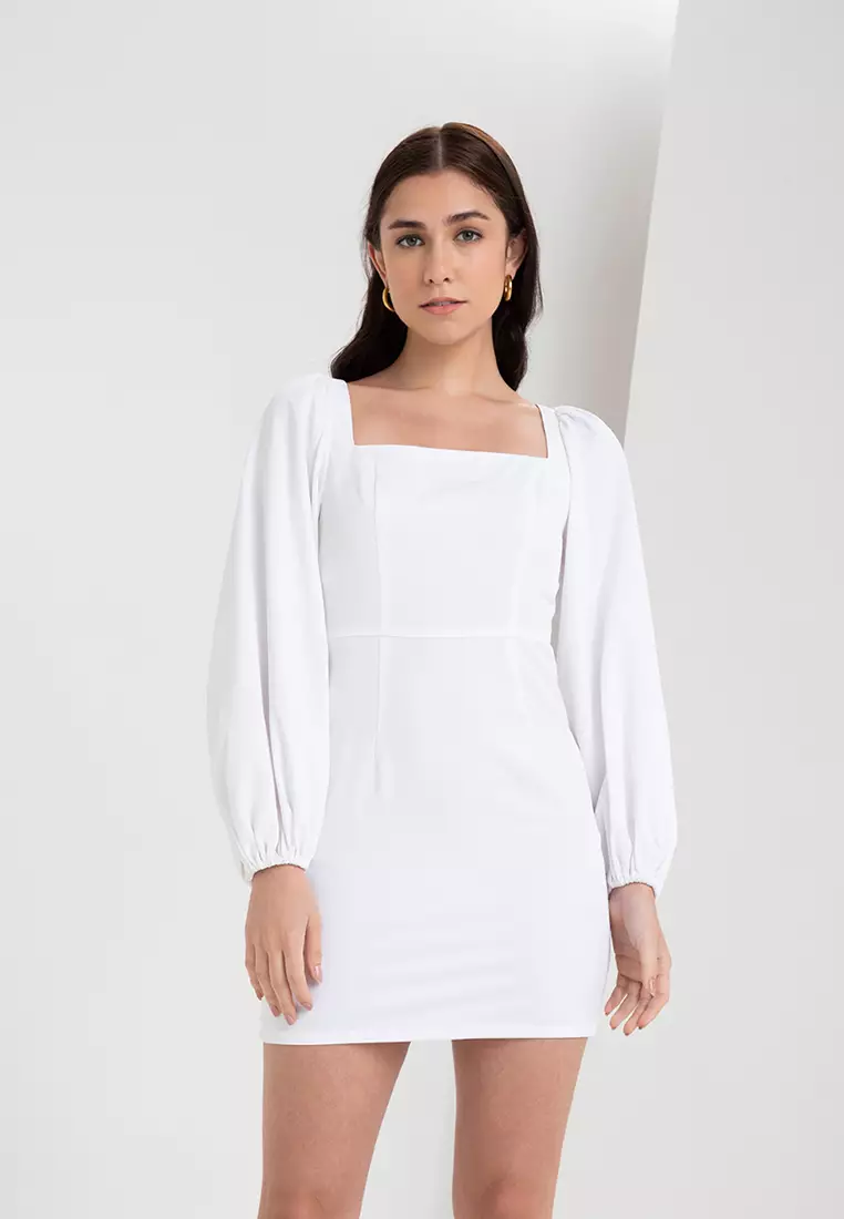 White long sleeve square neck dress sale