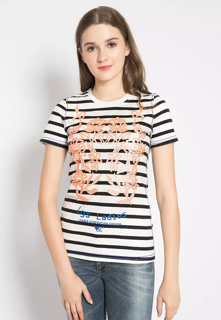LGS - Kaos Casual Wanita - Lengan Pendek - Motif Salur Gambar Sablon -LTS.520.T970.126.C