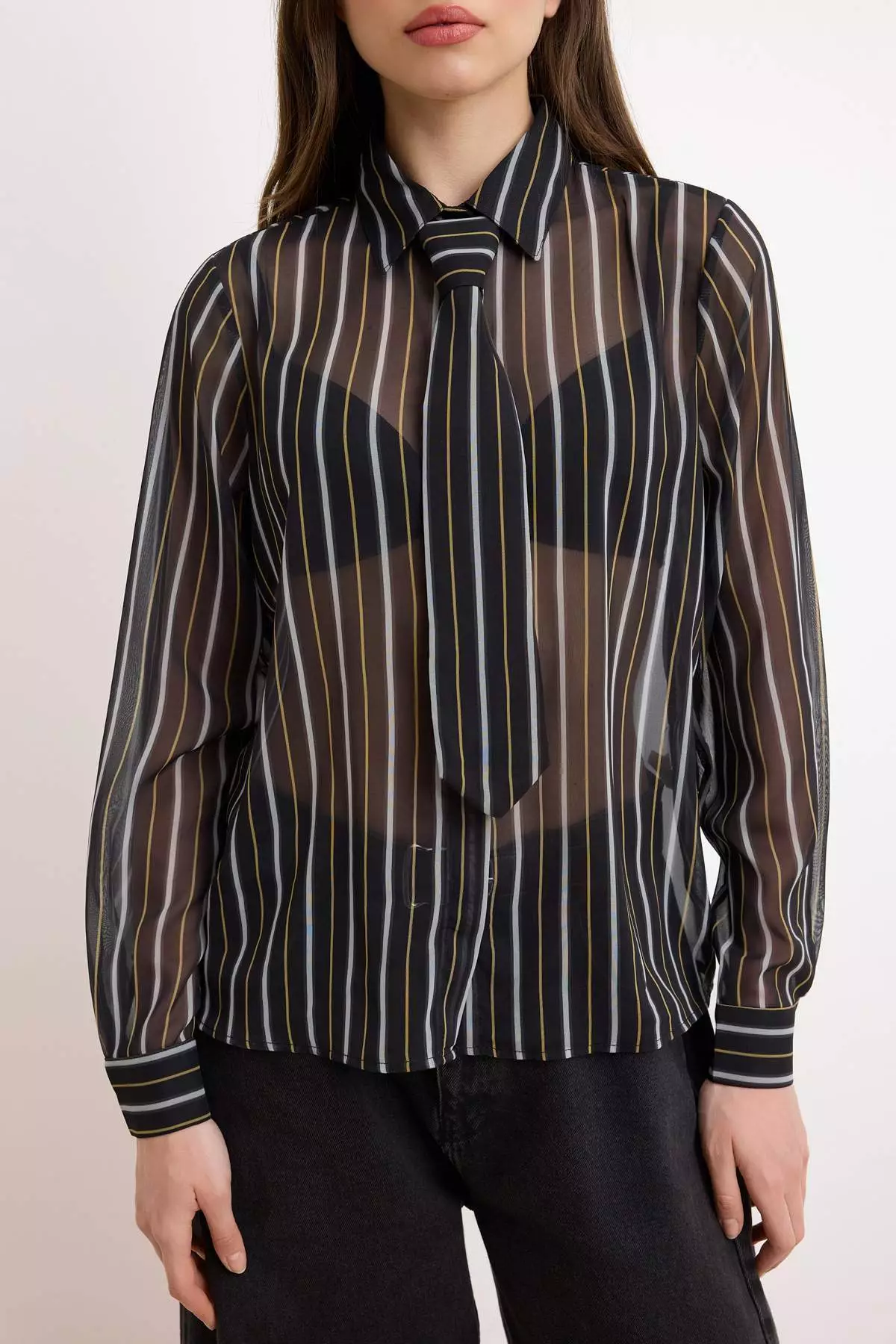 Multi-Colored Striped Tie Unlined Chiffon Shirt Twoss26Go18