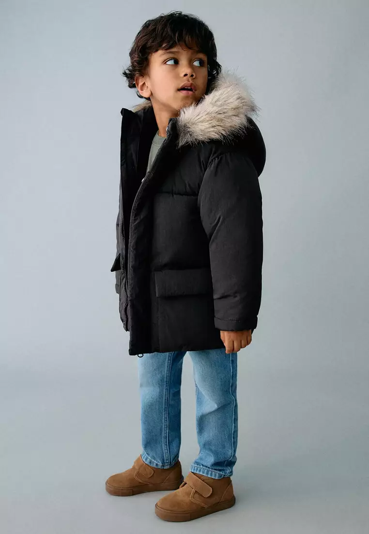 Puffer Coat with Fur-Effect Hood