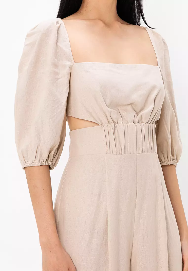 Ruched Waist Puff Sleeve Linen Jumpsuit