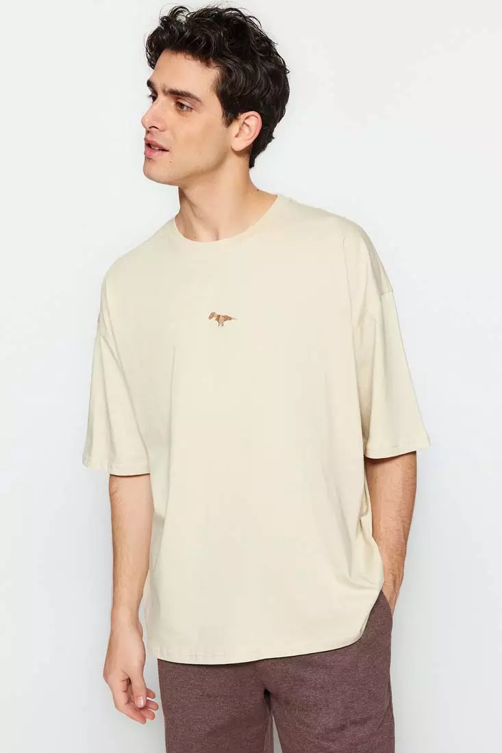 Crew Neck Short Sleeve Dinosaur Embroidered T-Shirt