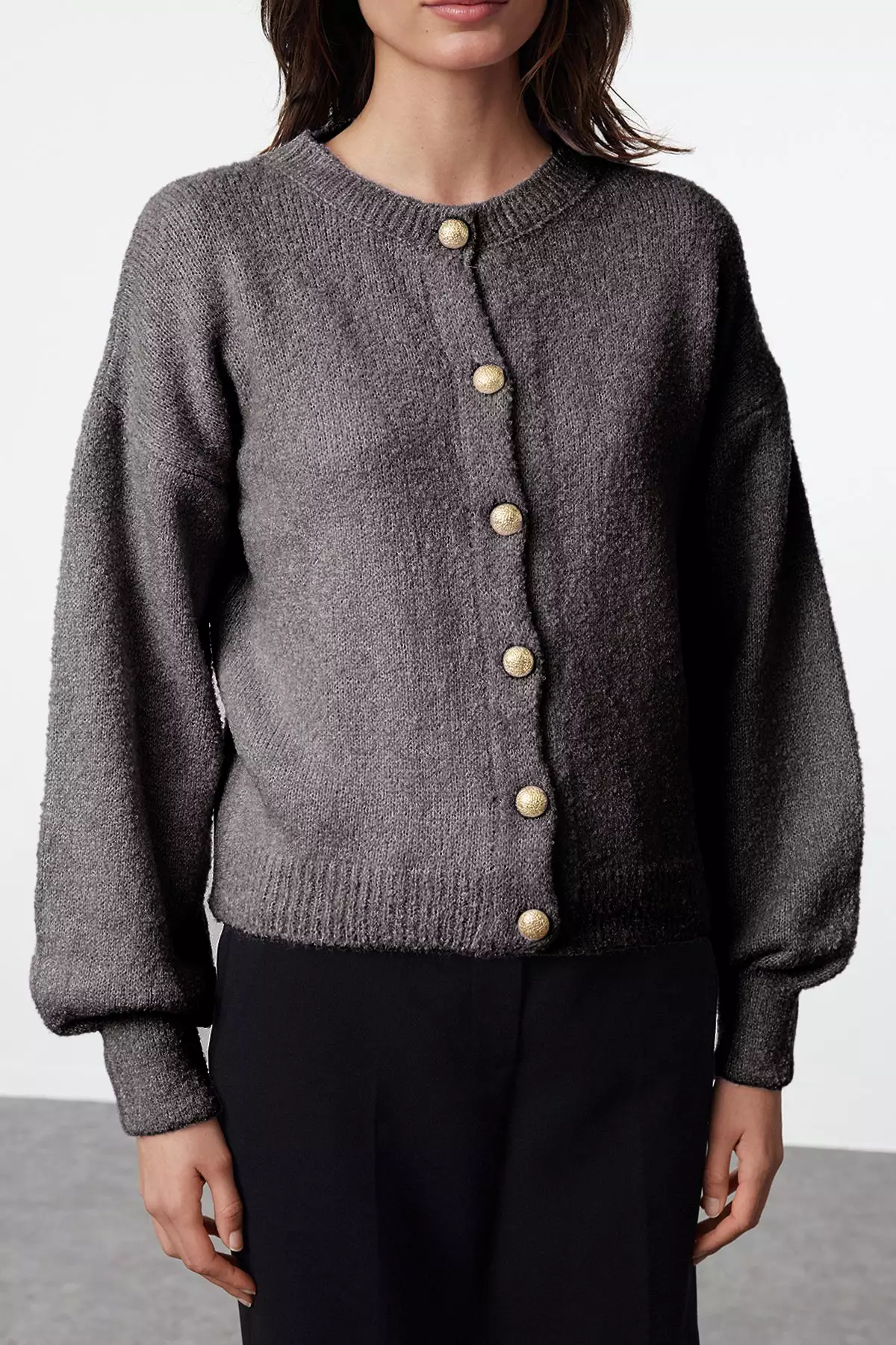 Anthracite Button Detailed Soft Texture Knitted Cardigan