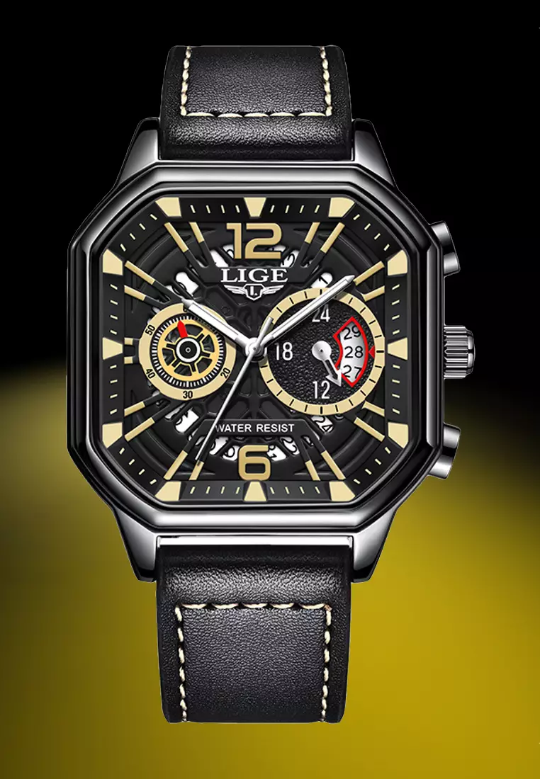 Chronograph Unisex Stainless Steel Square Quartz Watch 43X43mm, black dial, Leather Strap