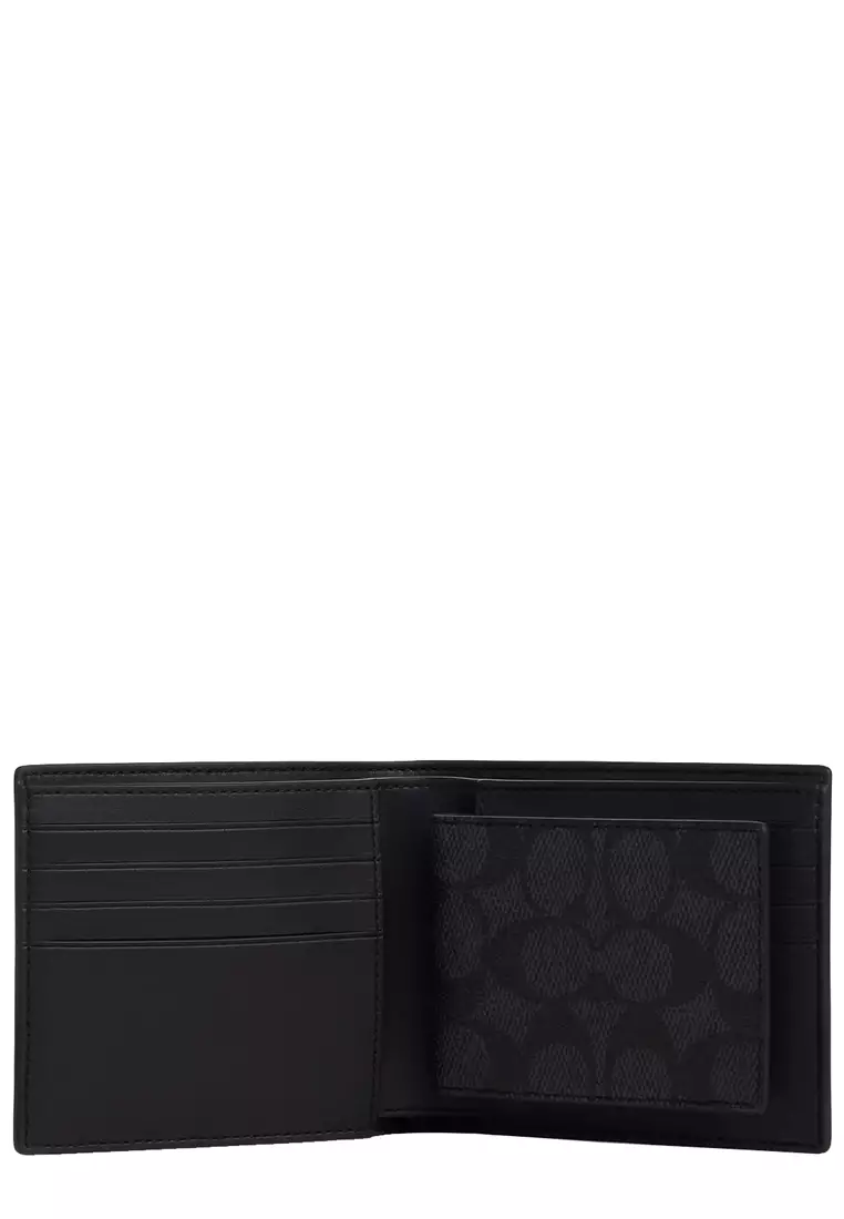 Boxed 3 In 1 Wallet Gift Set In Signature Canvas in Charcoal/ Black CW344