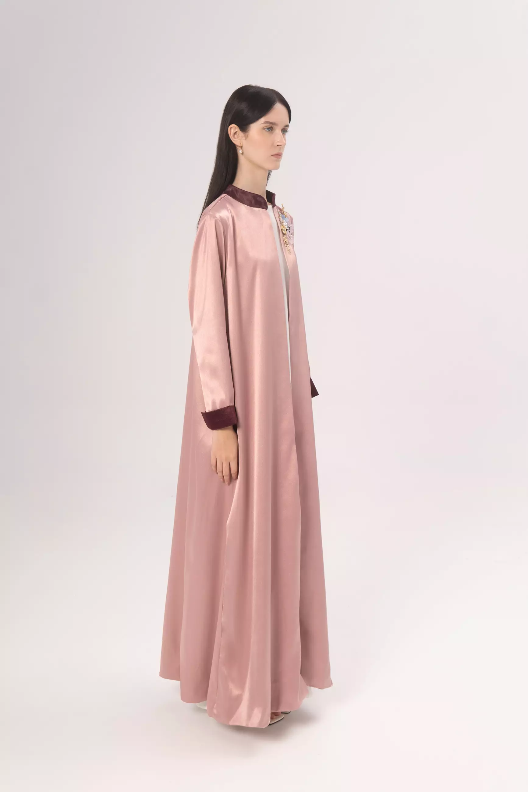 DEMURE&CO - EMBELLISHED HYRA COAT DRESS IN LIGHT PINK - OPEN ABAYA - DAILY WEAR ABAYA