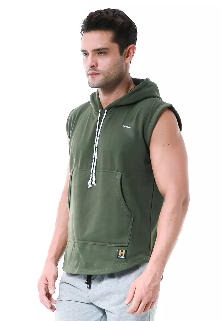 Bobby Atasan Kasual Pria Singlet Hoodie Motif Polos Sweater Tanpa Lengan Material Fleece ORIGINAL - Army Green