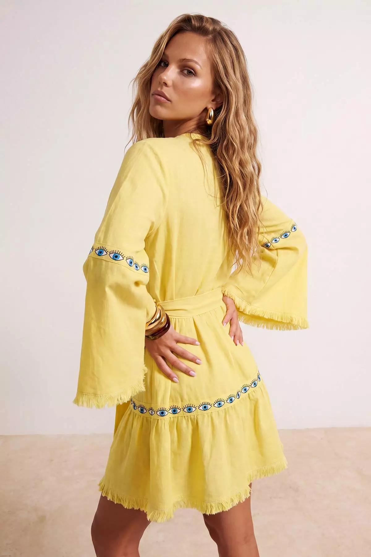 Yellow Belted Mini Woven Flounce Beach Dress Tbess21El1253
