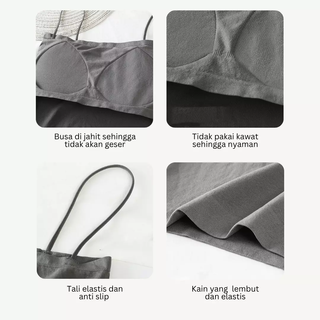 Wakakids Tanktop Bra With Cup Wanita Basic Square Tali Spaghetti Polos Tanpa Kawat 4503 Venrc Abu