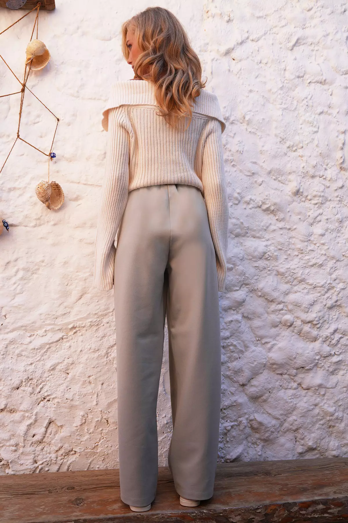 Women's Beige Pleated Detailed Knitted Palazzo Trousers Alc-X14535