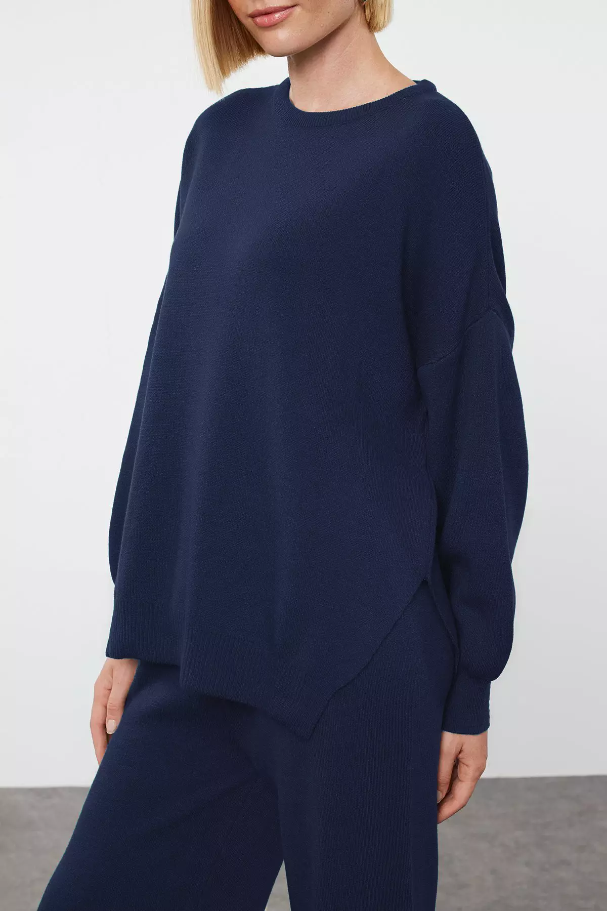 Navy Blue Wide Fit Balloon Sleeve Knitwear Bottom Top Suit