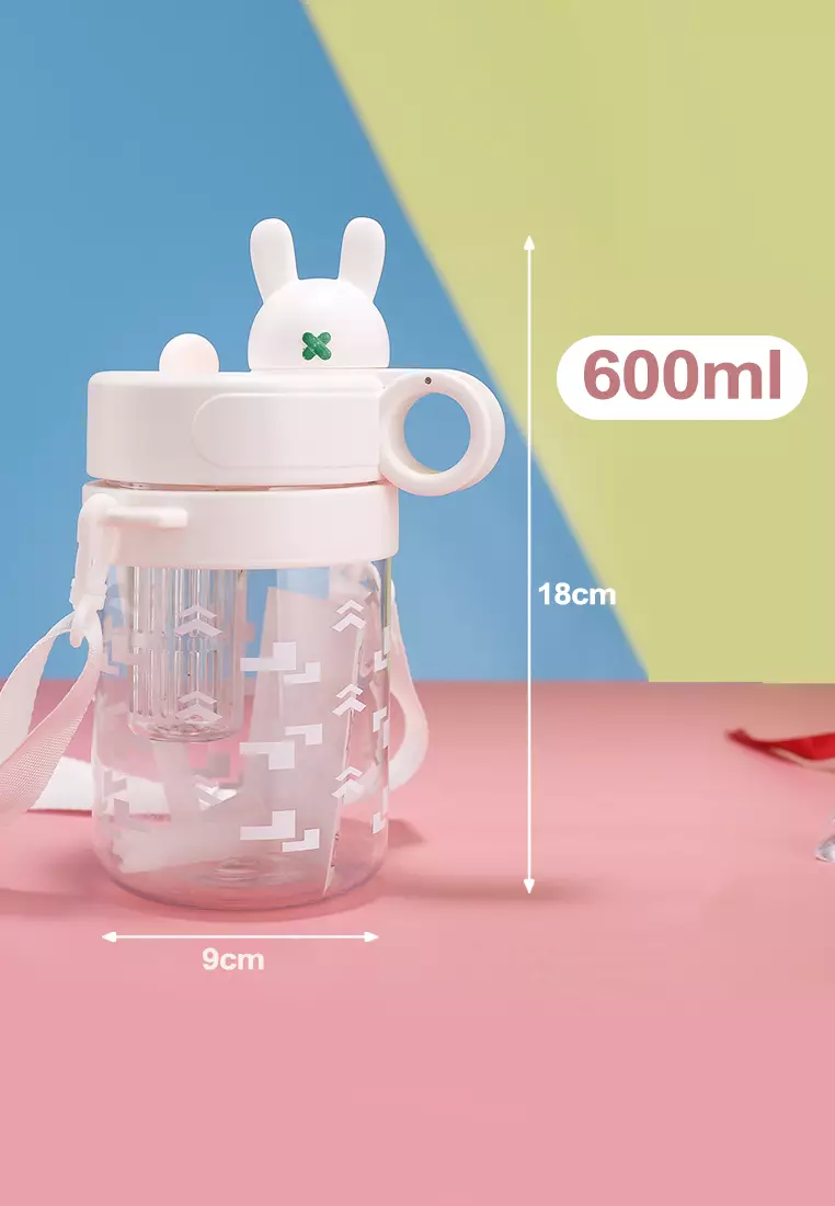 Wakakids Botol Minum Anak Plastik Infused Water Free Sticker Lucu dengan Sedotan dan Tali Panjang 600ml K368 Venhs Putih