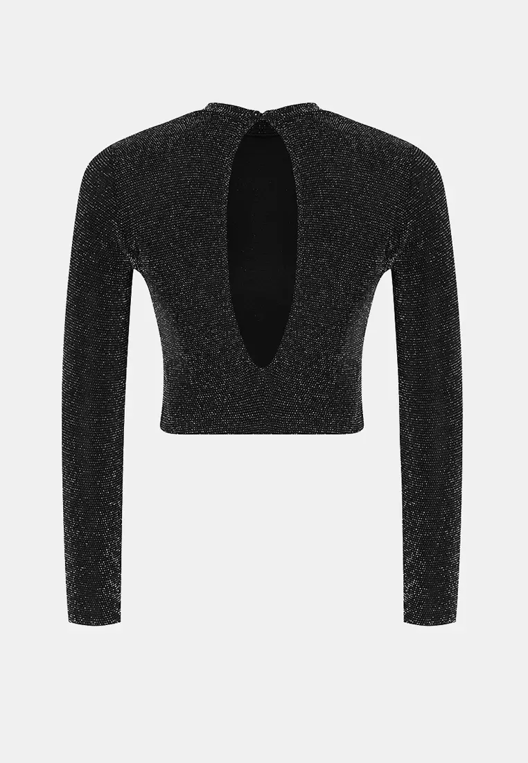 Anthracite Crop Back Detail Glitter Knitted Blouse