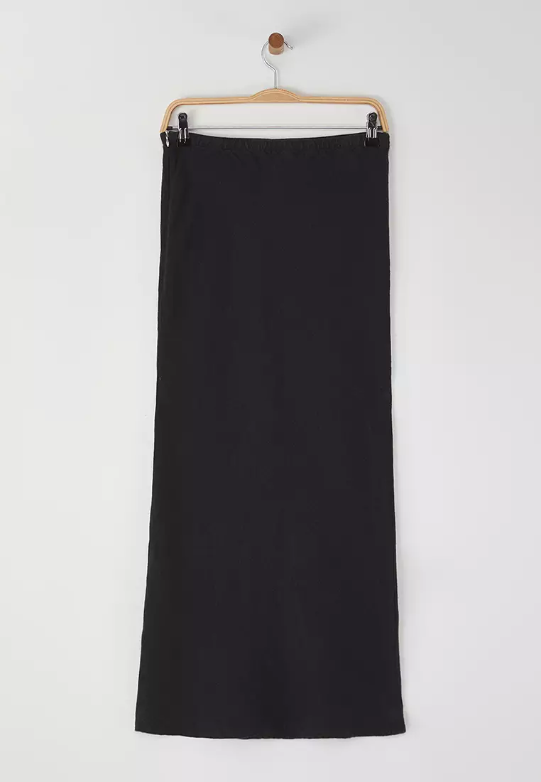 Black Elastic Waist High Waist Midi Skirt