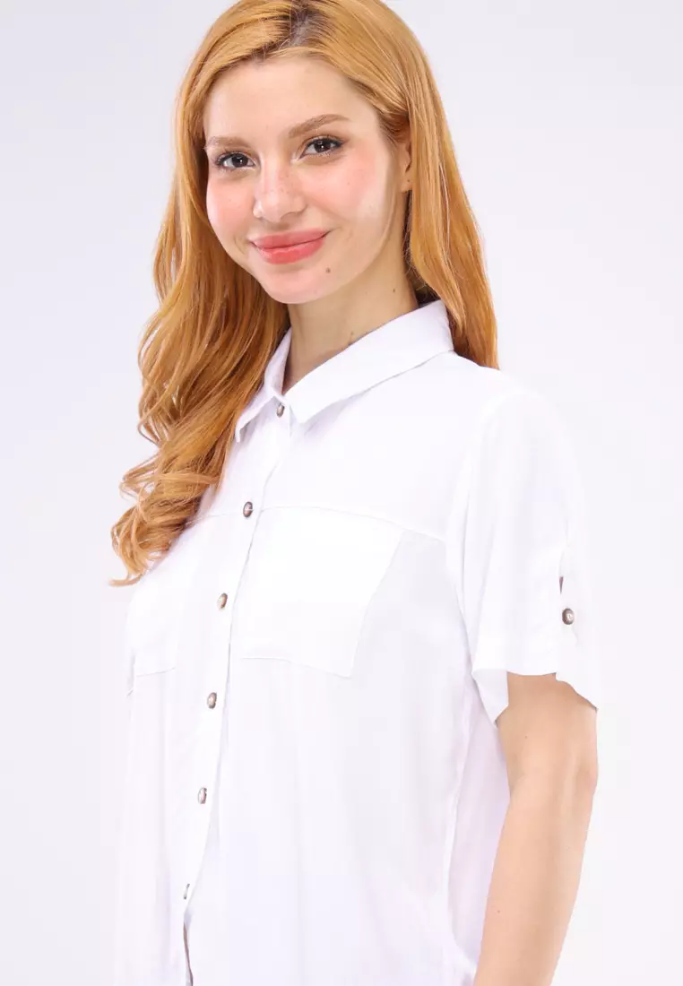 Plain Woven Short Sleeves Blouse