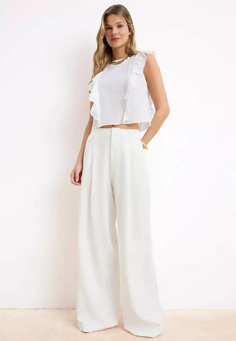 White Ruffle Detailed Crop Length Semi-Transparent Woven Blouse Twoss26Bz43