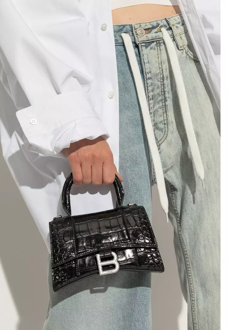 Hourglass Xs Crocodile Embossed Crossbody Bag in Black