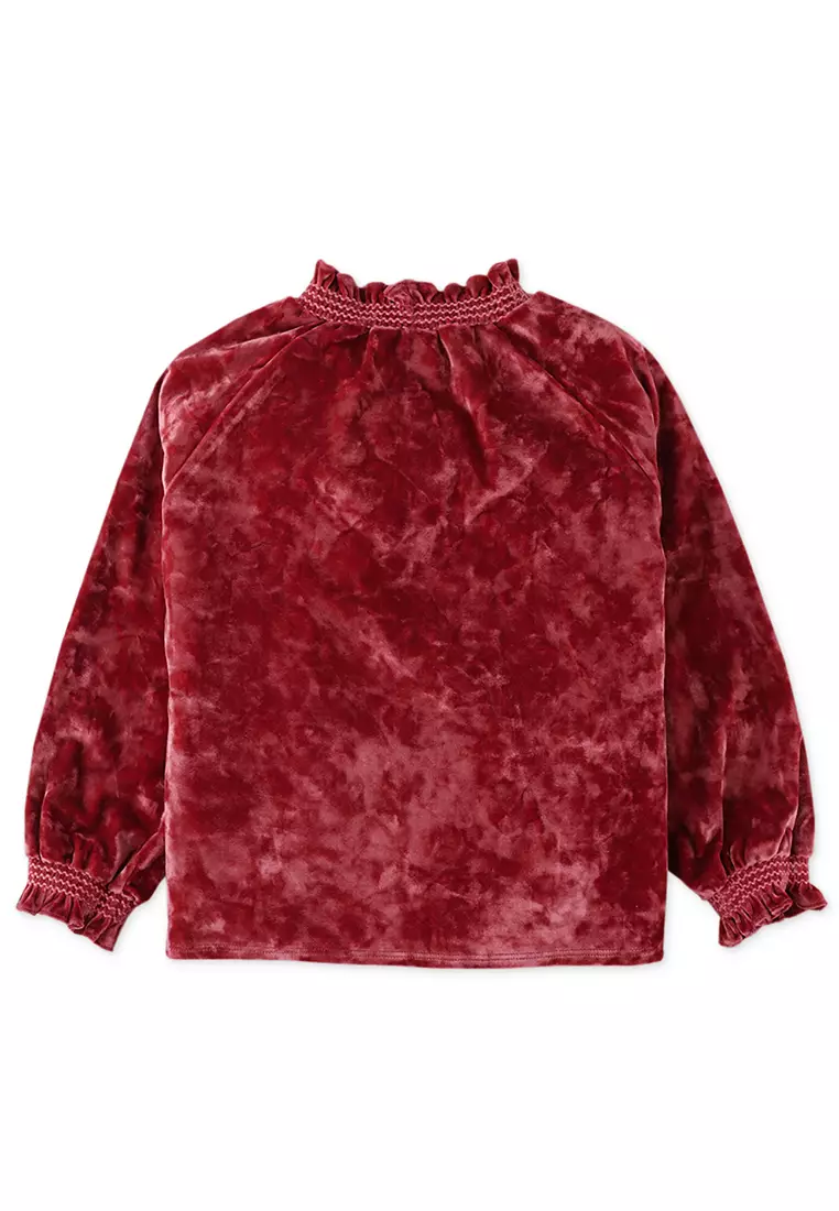 Girls Velvet Top With Smocked Embroidery On Neck And Cuffs