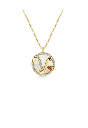 Glamorousky purple 925 Sterling Silver Plated Gold Fashion Alphabet V Geometric Round Mother-of-pearl Pendant with Cubic Zirconia and Necklace 76FC5ACB342711GS_1