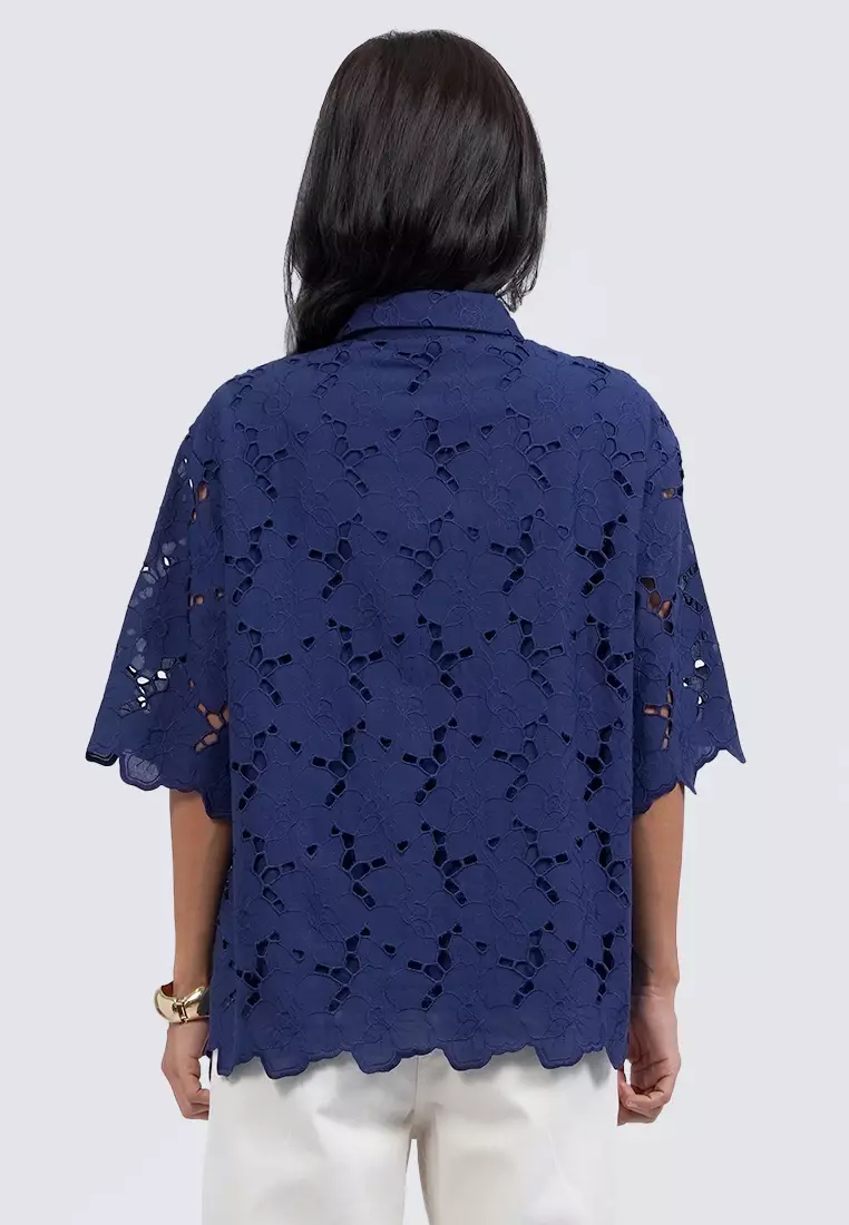 Eyelet Short Sleeve Loose Blouse NAVY
