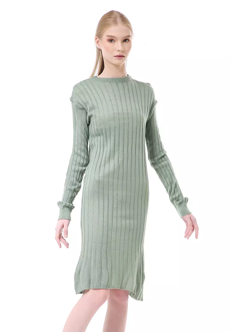 Adela Dress Rajut Tunik Wanita Motif Polos Long Sleeve Relaxed Fit - Mint