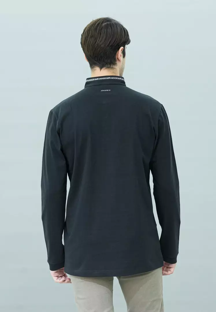 Johnwin - Kaos Henley - Kaos Lengan Panjang - Kerah Shanghai - Katun Premium