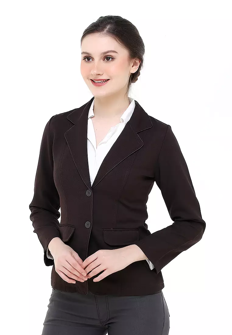 Qemsya Jas Blazer Wanita Korean Style Formal Longsleeve Suit Material Polyester ORIGINAL - Dark Brown
