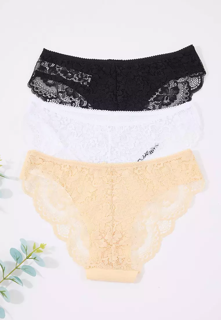Black White Tan 3 Piece Micro Lace And Ribbon/Bow Detail Knitted Brazilian Panties