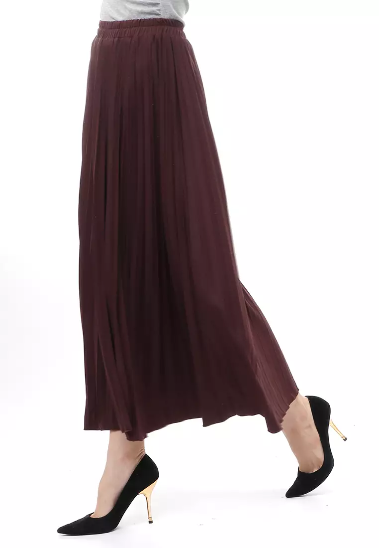 Skirt Plisket Bawahan Wanita Motif Polos Relaxed Fit - Coklat Tua