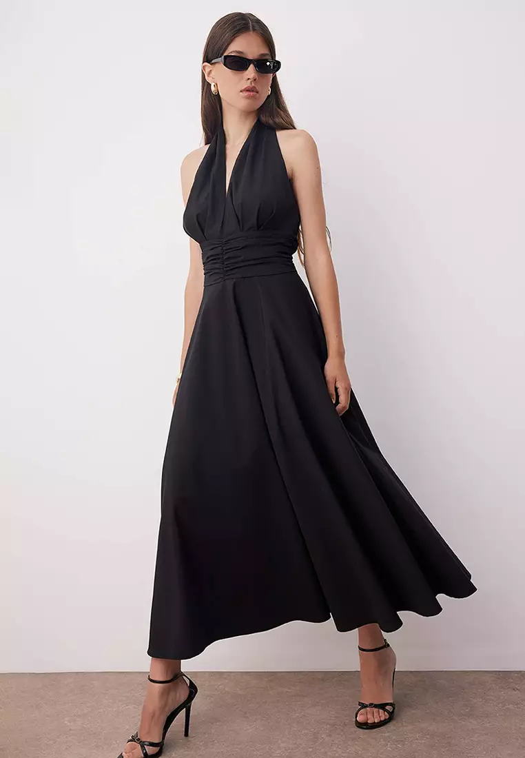 Black Low-Cut Halter Neck Poplin Lined Woven Dress