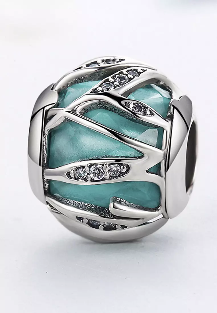 Solid 925 Sterling Silver Magical Ball Teal CZ Charm